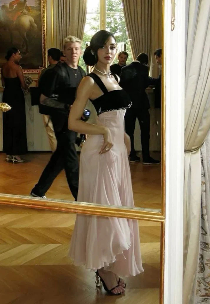 Elegant Black & Pink Color Block A-Line Velvet Chiffon Long Prom Dress Evening Dress cc5249