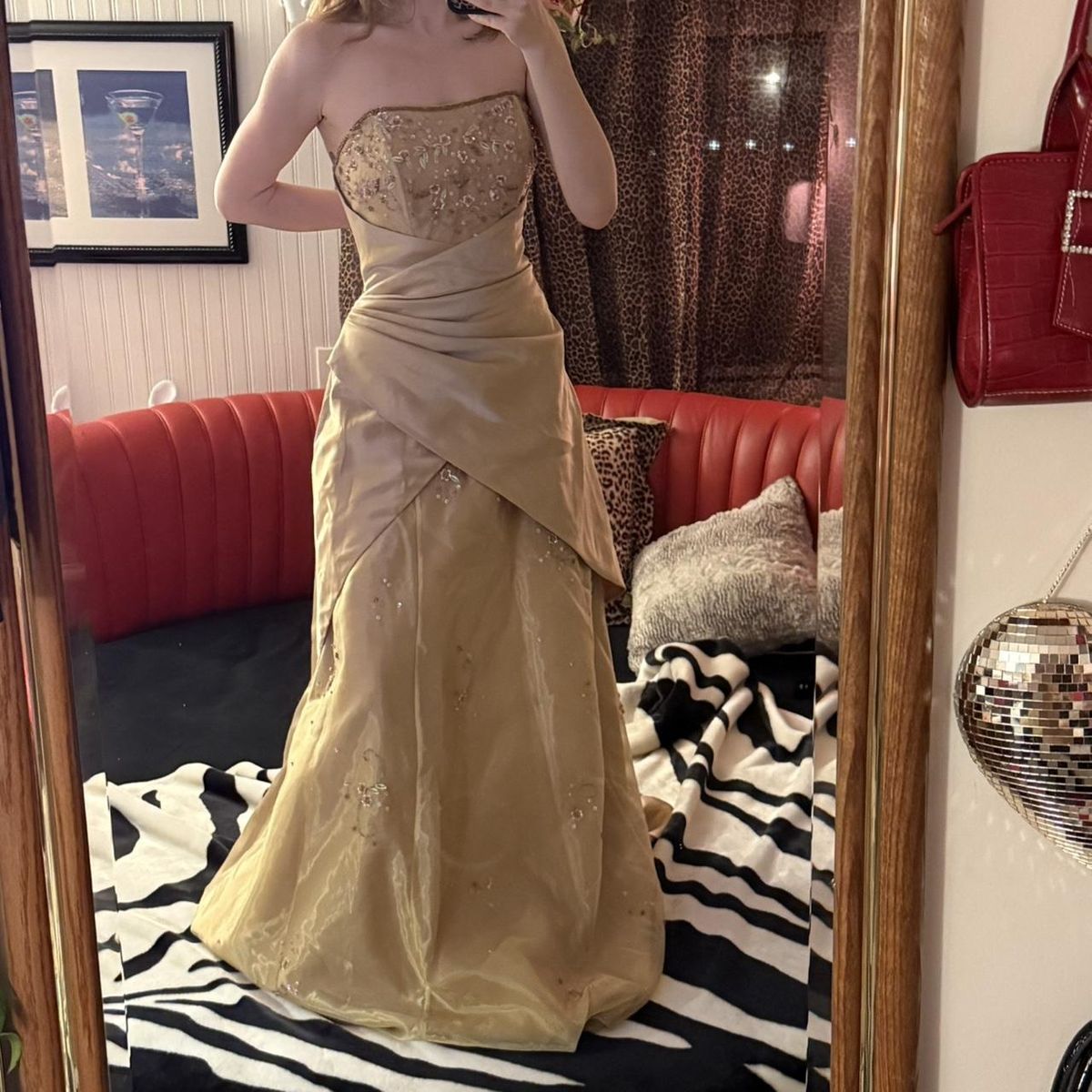 Luxurious Champagne Gold A-Line Strapless Beaded Satin Long Prom Dress Evening Dress cc5250