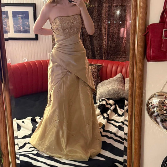 Luxurious Champagne Gold A-Line Strapless Beaded Satin Long Prom Dress Evening Dress cc5250