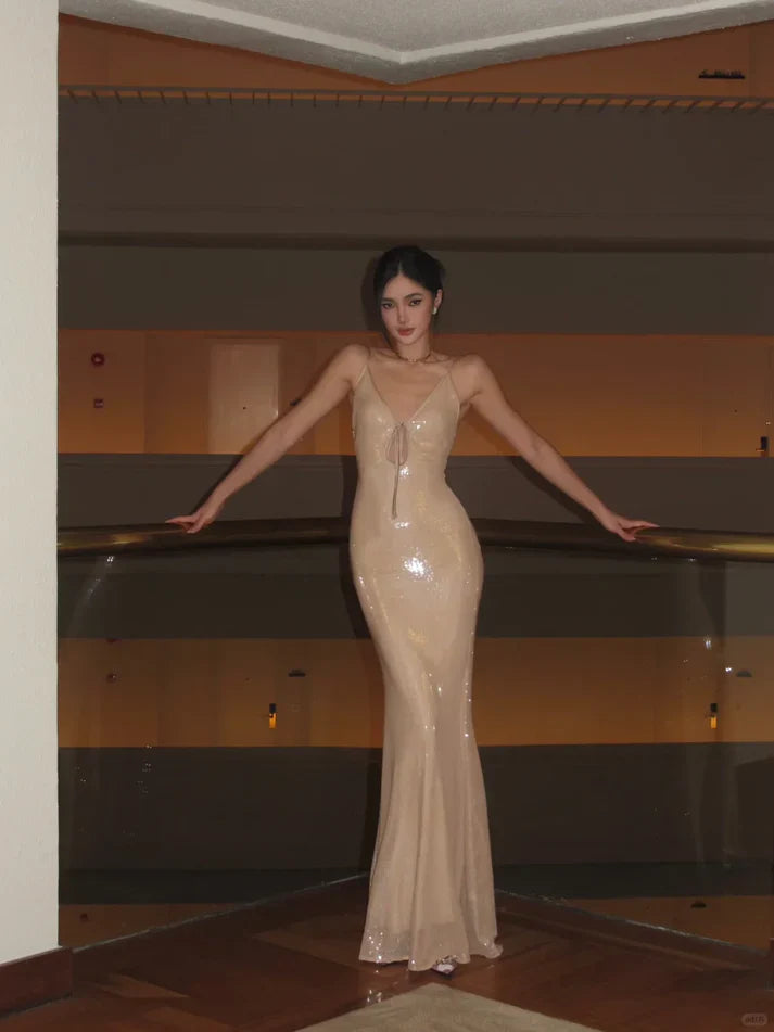 Sexy Shining Nude Apricot Mermaid Deep V Spaghetti Strap Sequin Long Prom Dress Evening Dress cc5251