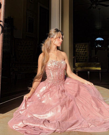Princess Pink A-line Sweetheart Neck Lace Luminous Tulle Long Prom Dress Evening Dress cc5263