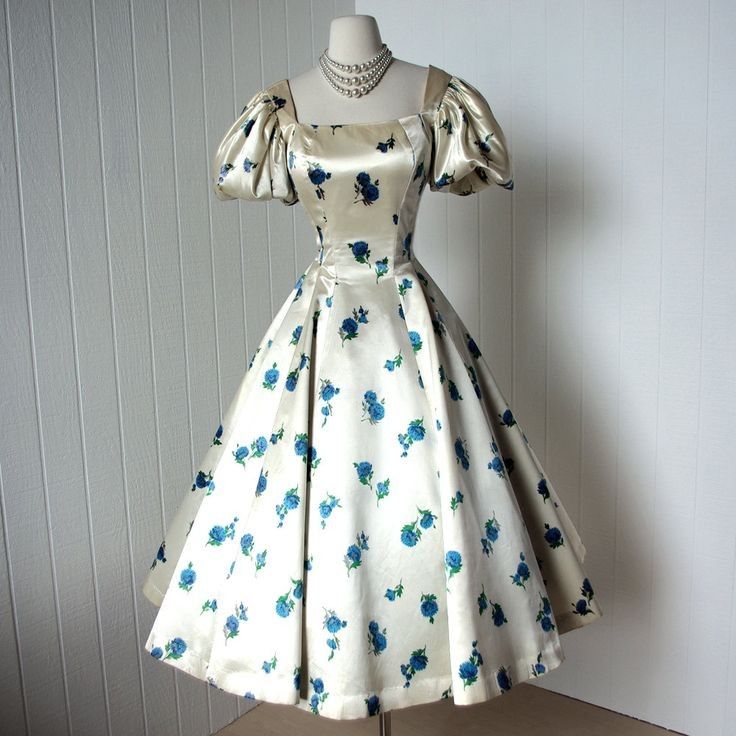 French Vintage Blue Floral A-line Square Neck Puff Sleeve Satin Tea-Length Prom Dress cc5264