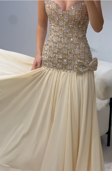 Luxurious Champagne Sweetheart Neck A-line Diamond-Embellished Bow Chiffon Long Prom Dress Evening Dress cc5265