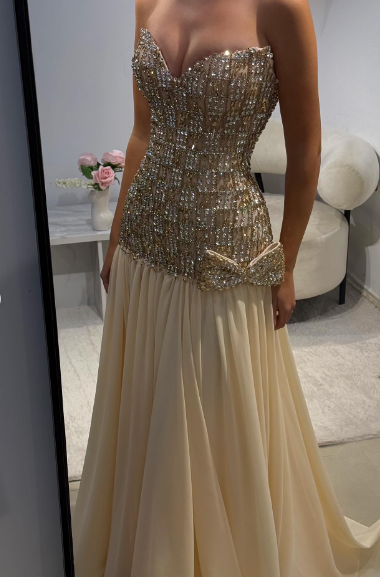 Luxurious Champagne Sweetheart Neck A-line Diamond-Embellished Bow Chiffon Long Prom Dress Evening Dress cc5265