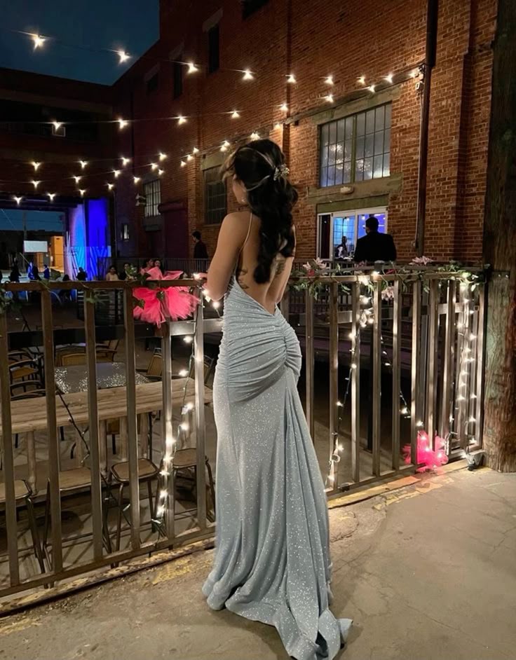 Elegant Light Blue Mermaid Halter V-Neck Ruched Backless Shimmer Satin Train Prom Dress Evening Dress cc5266