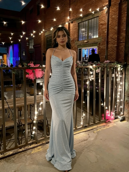 Elegant Light Blue Mermaid Halter V-Neck Ruched Backless Shimmer Satin Train Prom Dress Evening Dress cc5266