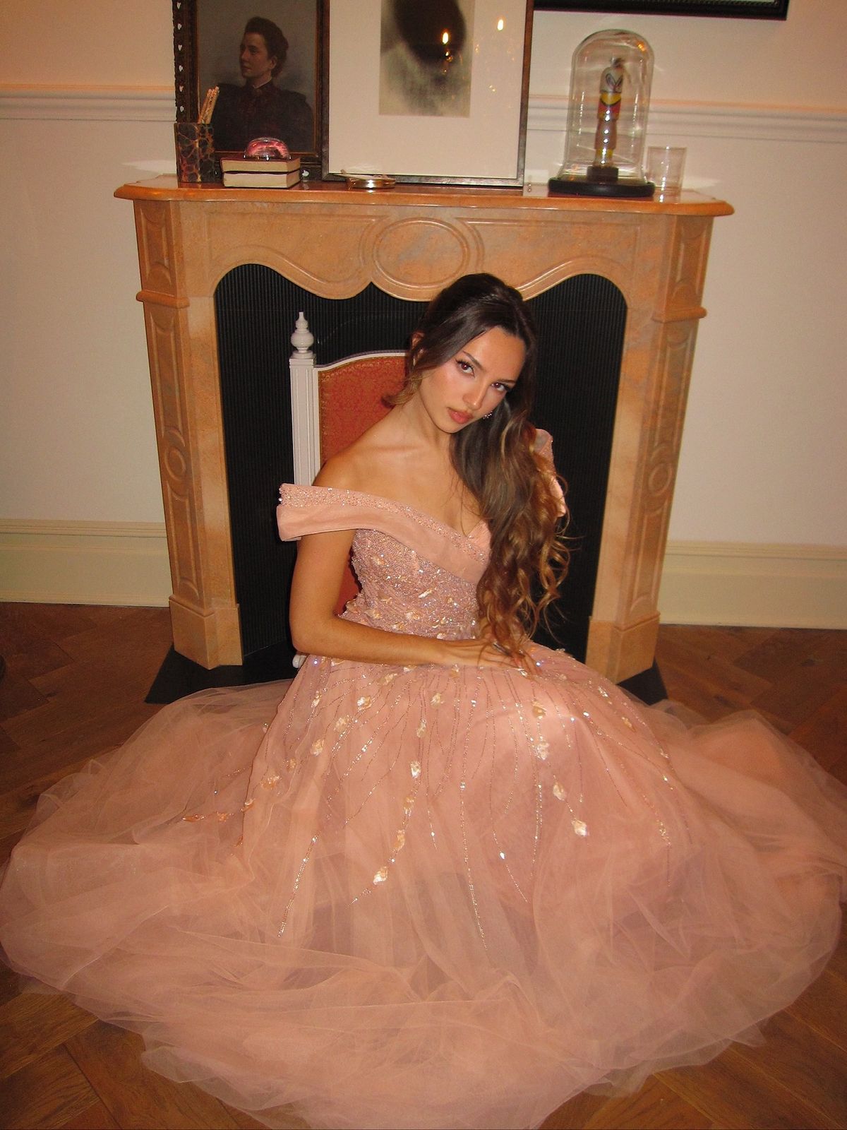 Princess Pink Off-the-shoulder V-Neck Sparkling Diamond Tulle Train Prom Dress Evening Dress cc5267