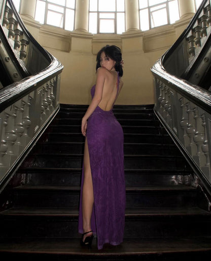 Sexy Deep Purple Halter Deep V-Neck High Slit Backless Tulle Long Prom Dress Evening Dress cc5270