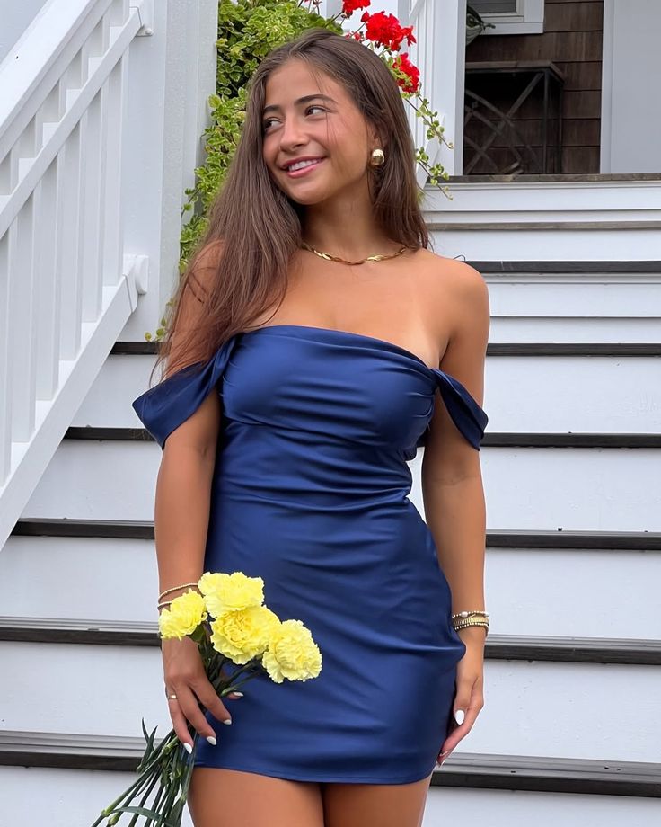 Elegant Navy Blue One-shoulder Slim Satin Birthday Party Homecoming Dress cc4585