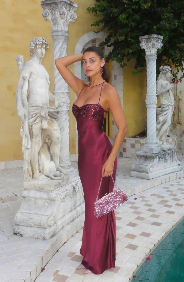 Sexy Burgundy Bodycon Halter Backless Satin Long Prom Dress Evening Dress cc5386