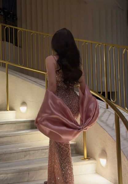 Gorgeous Gold-Pink Mermaid Spaghetti Strap V-neck Sequin Long Prom Dress Evening Dress cc5388