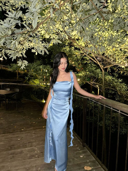 Elegant Light Blue Bodycon Square Neck Spaghetti Strap Ruffled Satin Long Prom Dress Evening Dress Bridesmaid Dress cc5390