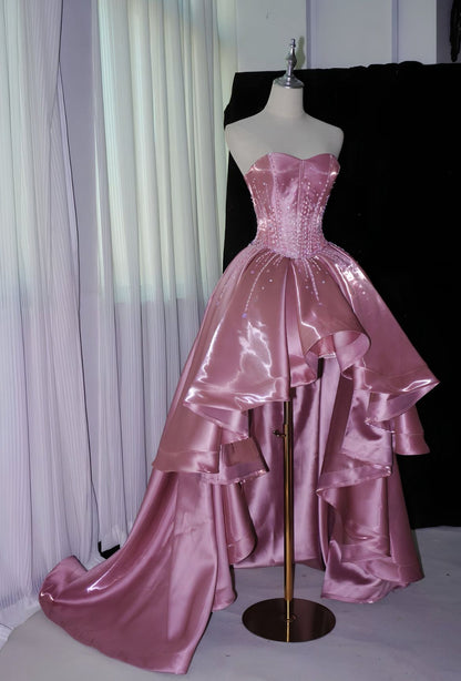 Princess Pink Strapless Beaded High-Low Train Satin Prom Dress Evening Dress cc5394