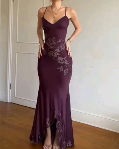 Vintage Elegant Burgundy Spaghetti Strap V-neck Satin Long Prom Dress Evening Dress cc5399