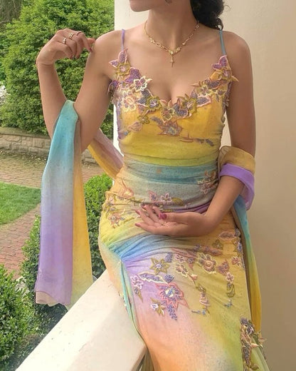 Stunning Gradient Spaghetti Strap V-neck Floral Embroidered Tulle Long Prom Dress Evening Dress cc5400