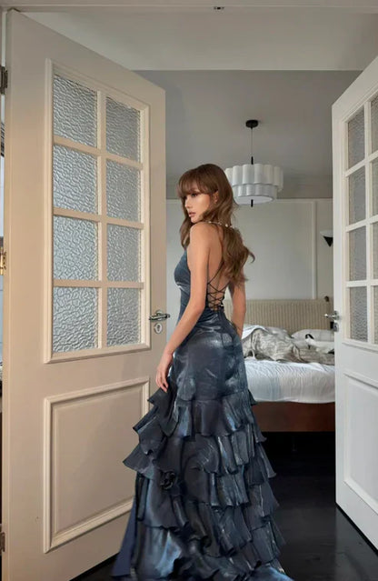 Elegant Deep Slate Blue Spaghetti Strap High-Slit Crisscross Lace-Up Open Back Tiered Satin Long Prom Dress Evening Dress cc5408