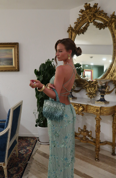 Luxurious Mint Green Halter Neck V-Neck Mermaid Open Back Sequin Beaded Tulle Long Prom Dress Evening Dress cc5414