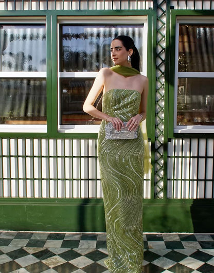 Elegant Green Strapless Sequin Wave Pattern High-Slit Tulle Slim-Fit Long Prom Dress Evening Dress cc5415
