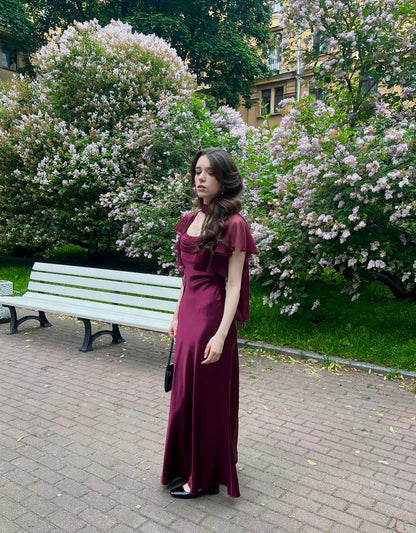 Vintage Burgundy Square Neck Ruffle Short Sleeve Satin Long Prom Dress Evening Dress cc5423