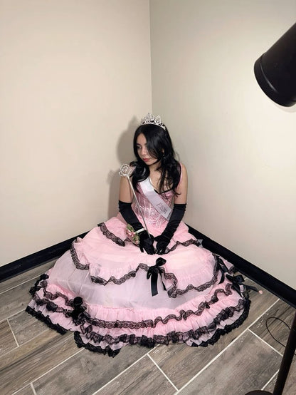 Princess Pink Spaghetti Strap Boned Bow Lace Tulle Long Prom Dress Evening Dress cc5424