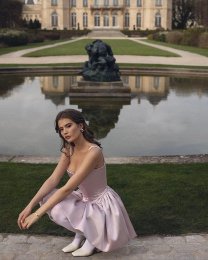 Elegant Pale Pink Square Neck Corset Bud Satin 16th Birthday Homecoming Dress cc4626
