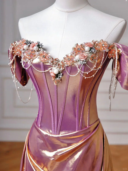Dreamy Purple Gold Off-the-Shoulder Mermaid 3D Floral Satin Long Prom Dress Evening Dress cc5430