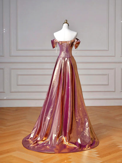 Dreamy Purple Gold Off-the-Shoulder Mermaid 3D Floral Satin Long Prom Dress Evening Dress cc5430