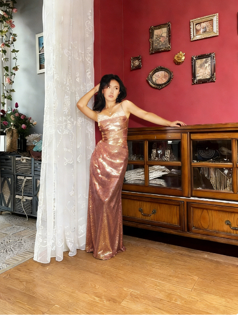 Vintage Rose Gold Spaghetti Strap Mermaid Sequin Long Prom Dress Evening Dress cc5438