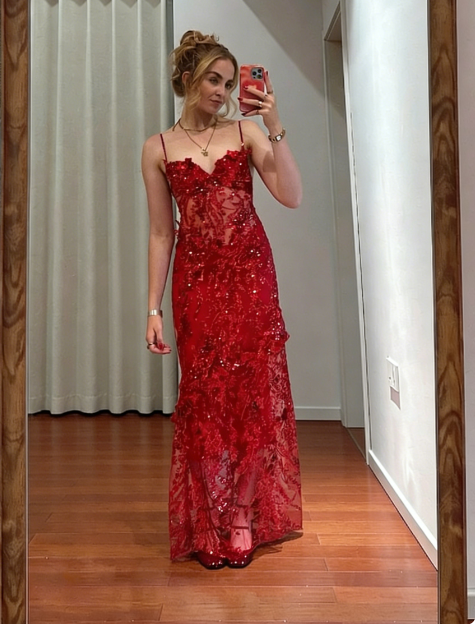 Vintage Red Mermaid Spaghetti Strap Sequin Lace Tulle Prom Dress Evening Dress cc5442