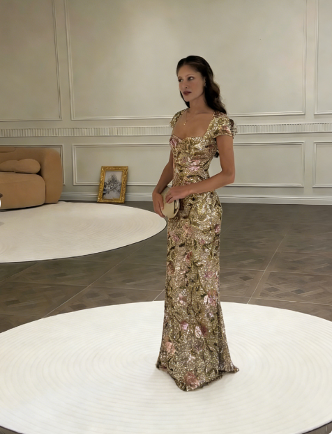 Vintage Gold Pink Ombre Mermaid Square Neck Sequin Long Prom Dress Evening Dress cc5443