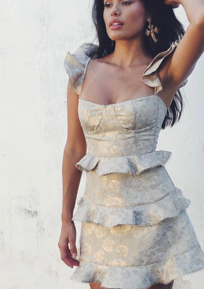 Retro Off-white Gold Pattern Ruffle Waist A-line Jacquard Birthday Party Homecoming Dress cc4644