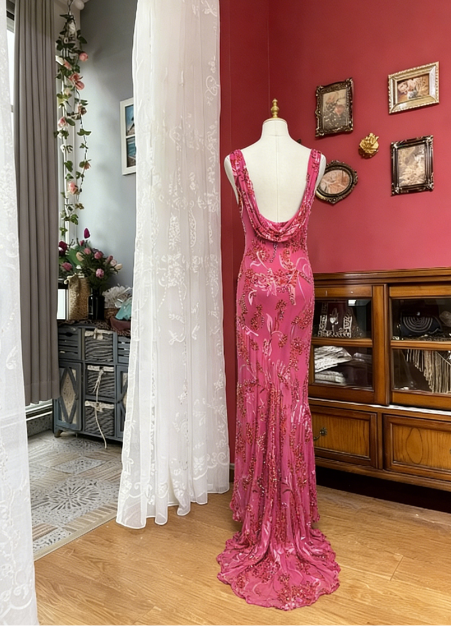 Vintage Fuchsia Cowl Neck Mermaid Printed Chiffon Long Prom Dress Evening Dress cc5444