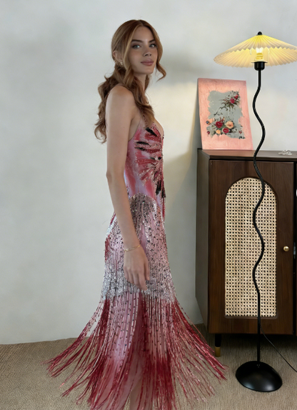 Vintage Mermaid Spaghetti Strap V-Neck Fringe Sequin Long Prom Dress Evening Dress cc5447