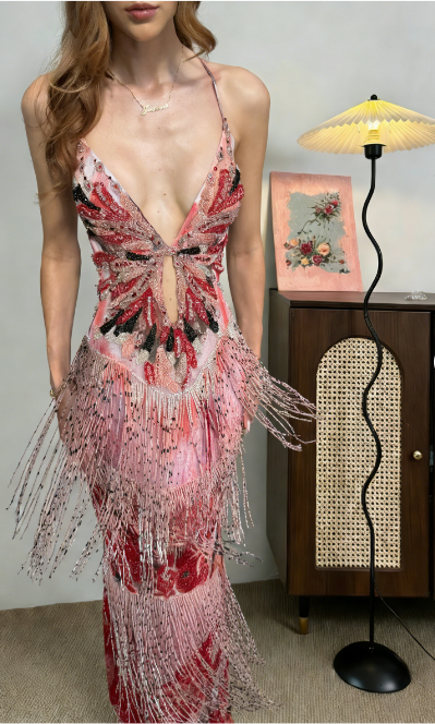 Vintage Mermaid Spaghetti Strap V-Neck Fringe Sequin Long Prom Dress Evening Dress cc5447