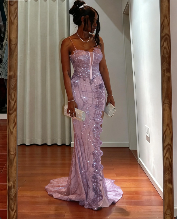 Elegant Purple Spaghetti Strap Mermaid Split Sequin Tulle Train Prom Dress Evening Dress cc5450
