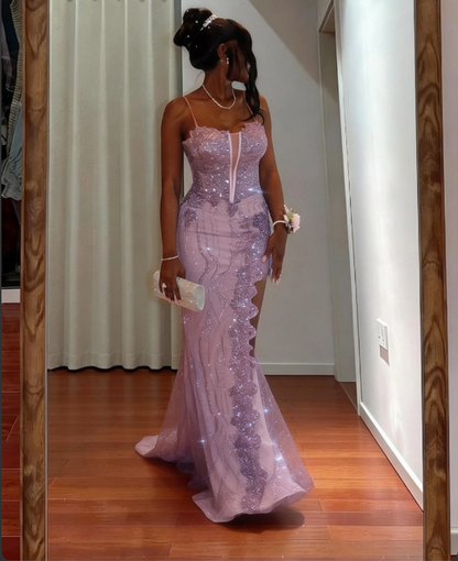 Elegant Purple Spaghetti Strap Mermaid Split Sequin Tulle Train Prom Dress Evening Dress cc5450