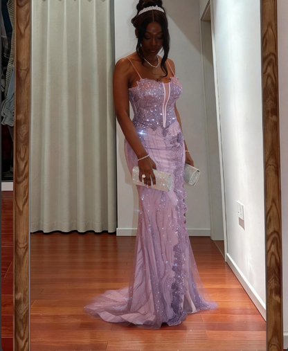 Elegant Purple Spaghetti Strap Mermaid Split Sequin Tulle Train Prom Dress Evening Dress cc5450