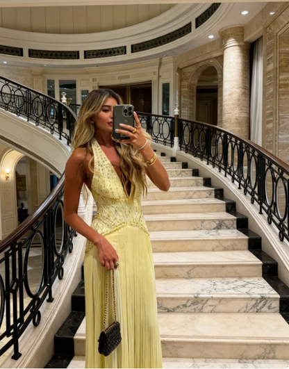 Gorgeous Yellow Halter V-Neck Beaded Fringe Long Prom Dress Evening Dress cc5456