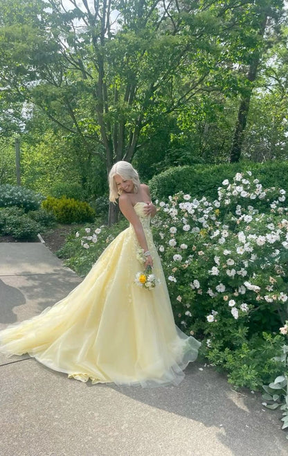 Sweet Yellow A-line Tube Top Embroidered Tulle Long Prom Dress Evening Dress cc4766