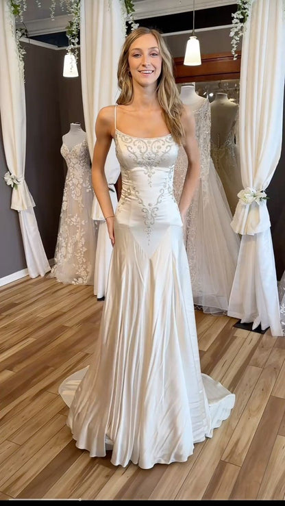 Vintage White Spaghetti Strap Square Neck Pearl-Embellished Satin Train Prom Dress Evening Dress cc5465