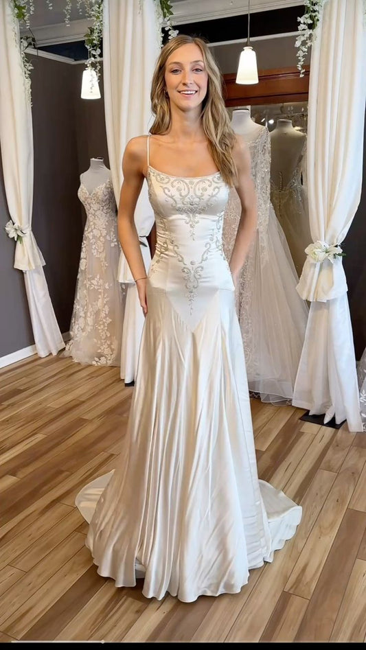Vintage White Spaghetti Strap Square Neck Pearl-Embellished Satin Train Prom Dress Evening Dress cc5465