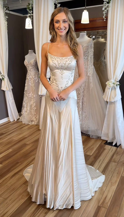 Vintage White Spaghetti Strap Square Neck Pearl-Embellished Satin Train Prom Dress Evening Dress cc5465
