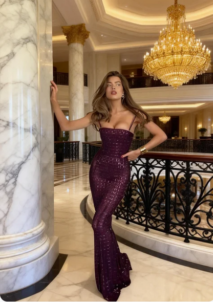 Gorgeous Deep Purple Square Neck Mermaid Grid Sequin Tulle Long Prom Dress Evening Dress cc5475