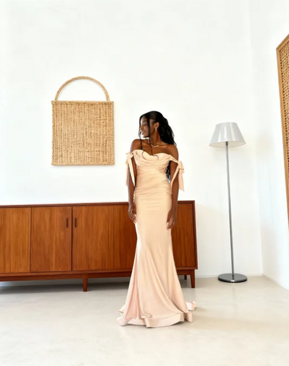 Elegant Blush Off-the-Shoulder Mermaid Satin Train Prom Dress Evening Dress cc5477