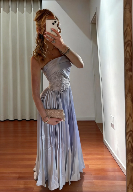 Elegant Misty Blue Strapless A-Line Embroidered Pleated Satin Long Prom Dress Evening Dress cc5480