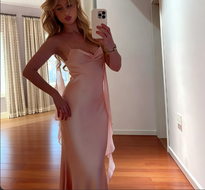 Simple Pink Spaghetti Strap V-Neck Mermaid Satin Long Prom Dress Evening Dress cc5487