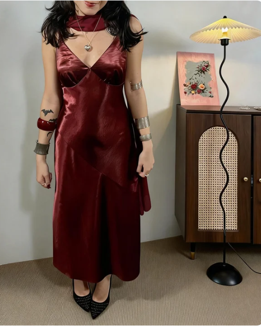 Vintage Burgundy Spaghetti Strap V-Neck Satin Long Prom Dress Evening Dress cc5489