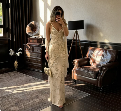 Gorgeous Champagne Gold Spaghetti Strap V-Neck Mermaid Beaded Tulle Long Prom Dress Evening Dress cc5491