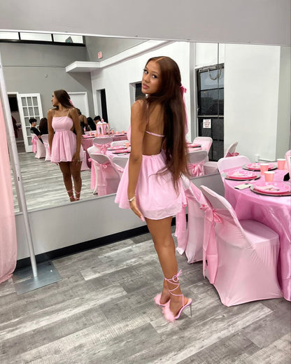 Cute Pink Halter Square Neck Open Back Mini Chiffon 16th Birthday Homecoming Dress cc4699