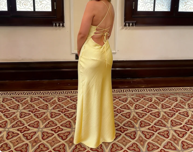 Simple Pale Yellow Spaghetti Strap Slit Open Back Tie Satin Long Prom Dress Evening Dress Bridesmaid Dress cc5504